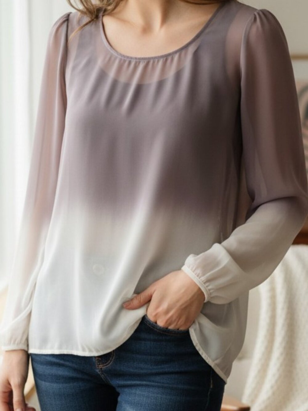 Sheer Mesh Ombre Blouse Womens Medium Mauve Cream Long Sleeve Lightweight Flowy